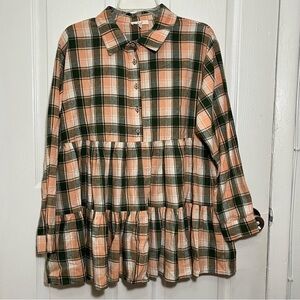 EASEL Green and Orange Flannel Babydoll Long Sleeve Button Front Top | size S